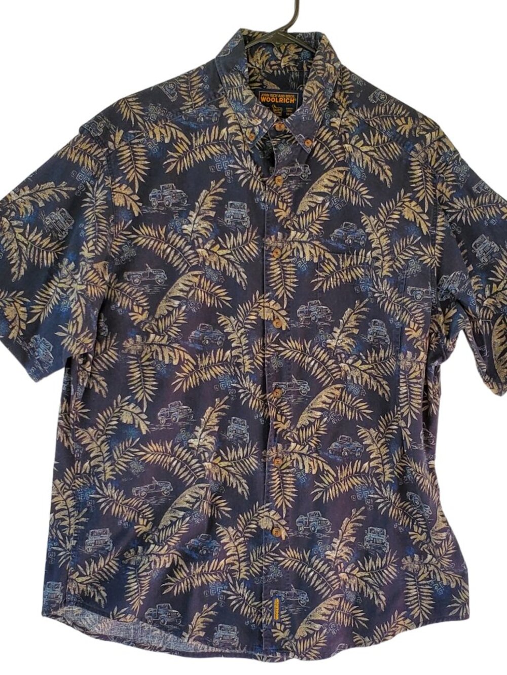 Woolrich Shirt Men's XL Hawaiian Camp Blue Coastal Short Sleeve Button Pocket